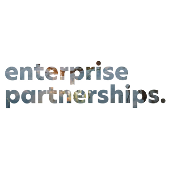 Text graphic reading 'enterprise partnerships.' with abstract, muted watercolor-filled letters on a white background.